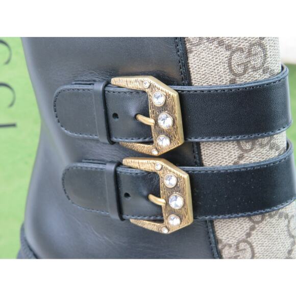 GUCCI SUPREME KENSINNGTON LEATHER LOGO MONOGRAM CRYSTALS BUCKLE SHORT BOOTS 39.5 - Picture 8 of 12